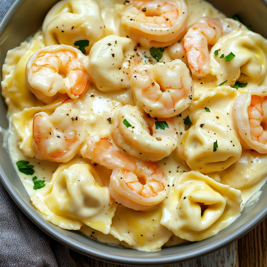 A bowl of shrimp and cheese tortellini.