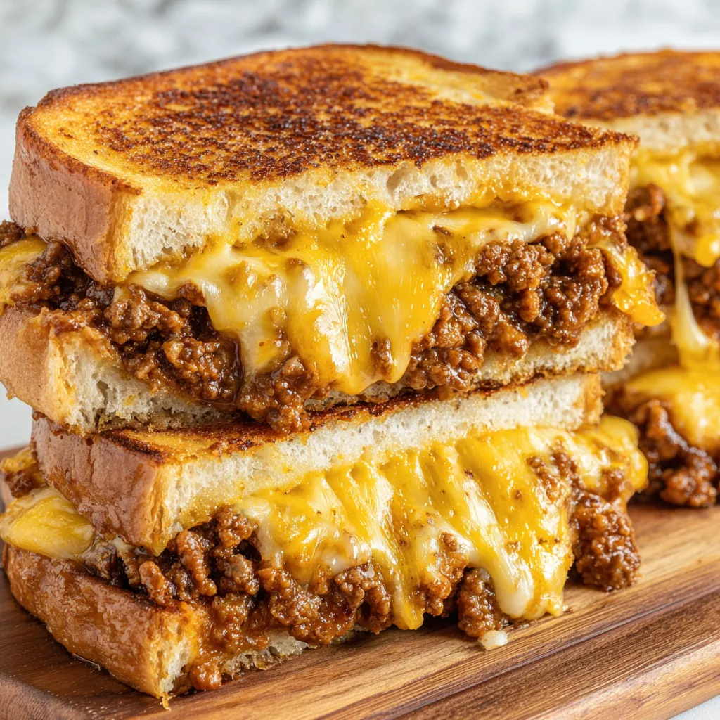 A sandwich with meat and cheese on a wooden board.