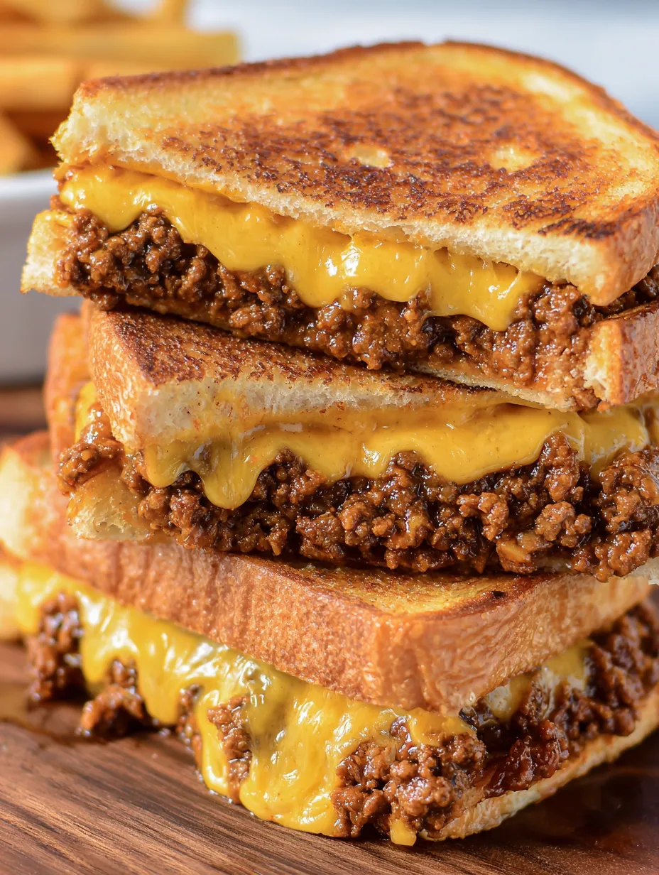 A stack of grilled cheese sandwiches with sloppy joe filling.