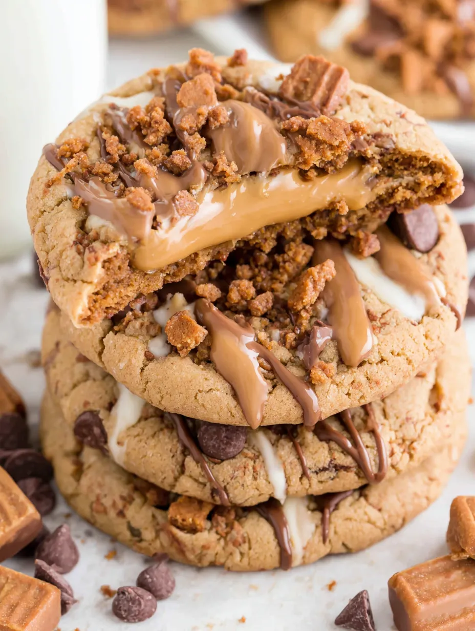 A stack of chocolate chip biscoff cookies.