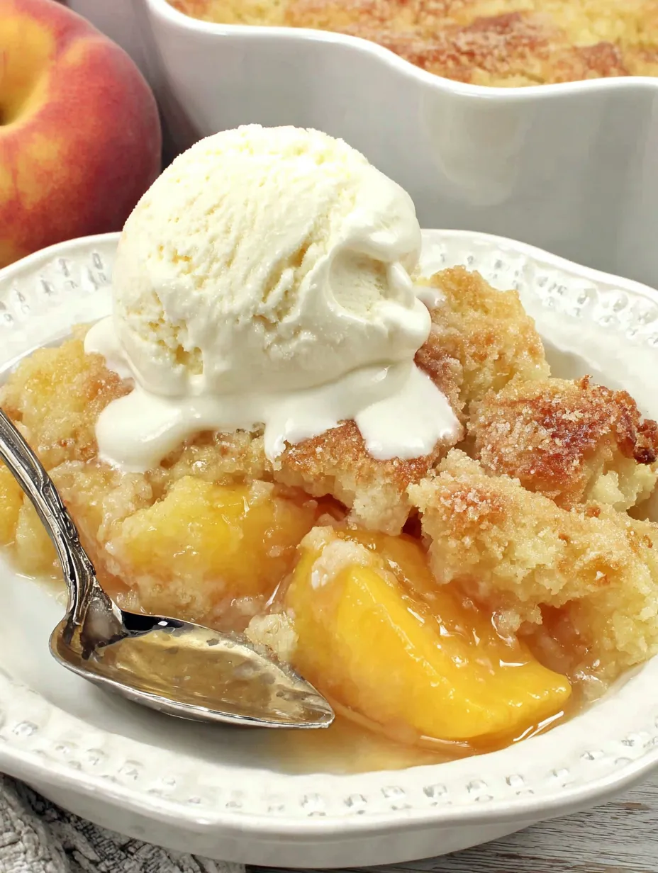 A bowl of peach cobbler with a scoop of ice cream on top.