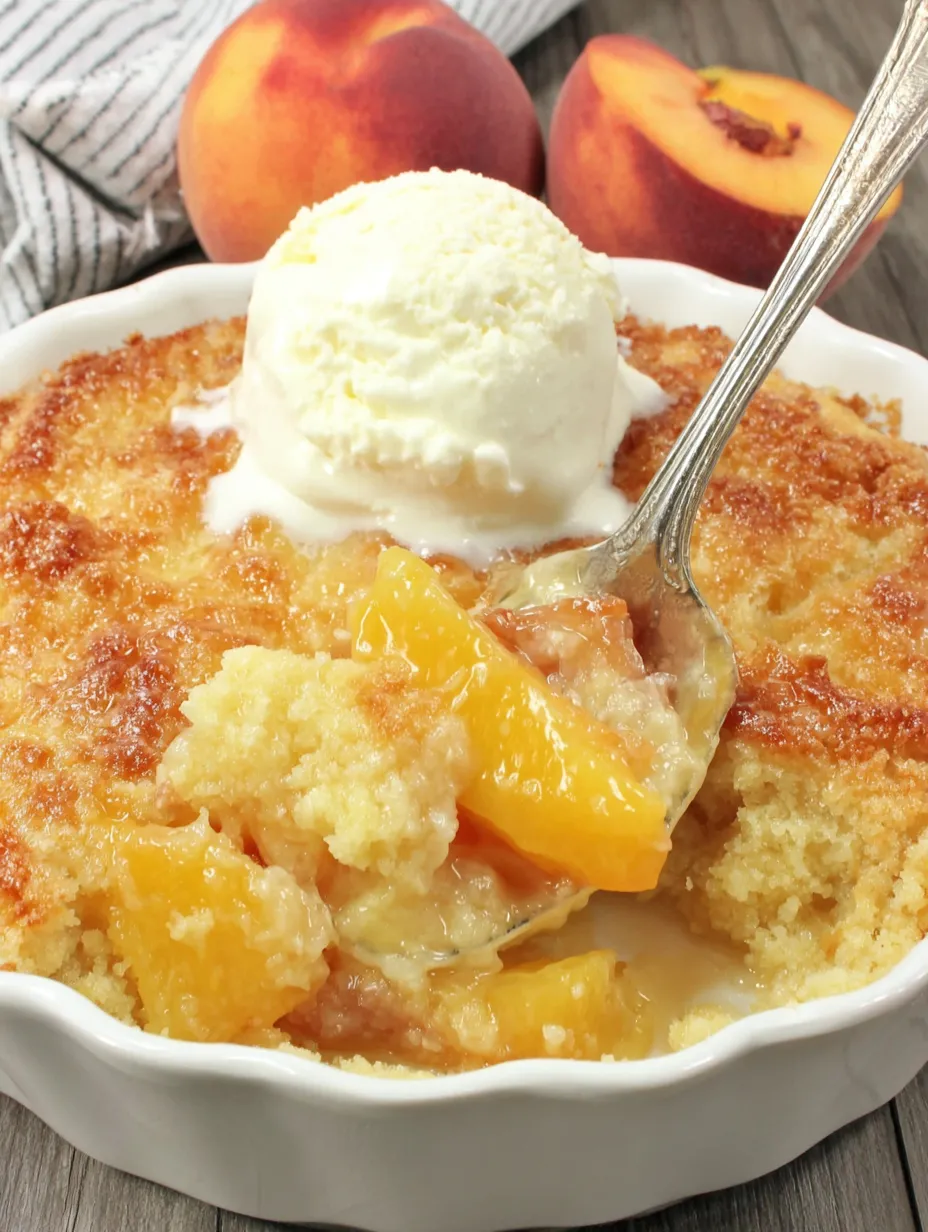 A bowl of peach cobbler with a scoop of ice cream on top.