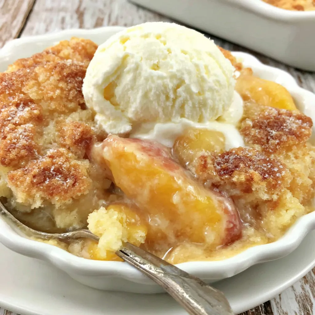 A bowl of peach cobbler with a scoop of ice cream on top.