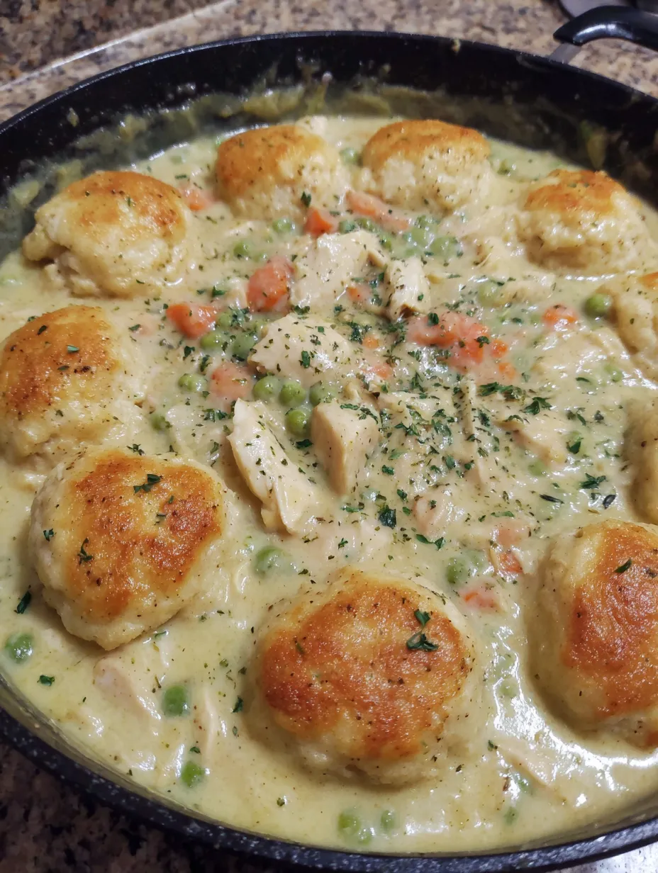 A bowl of chicken and dumpling soup with biscuits.