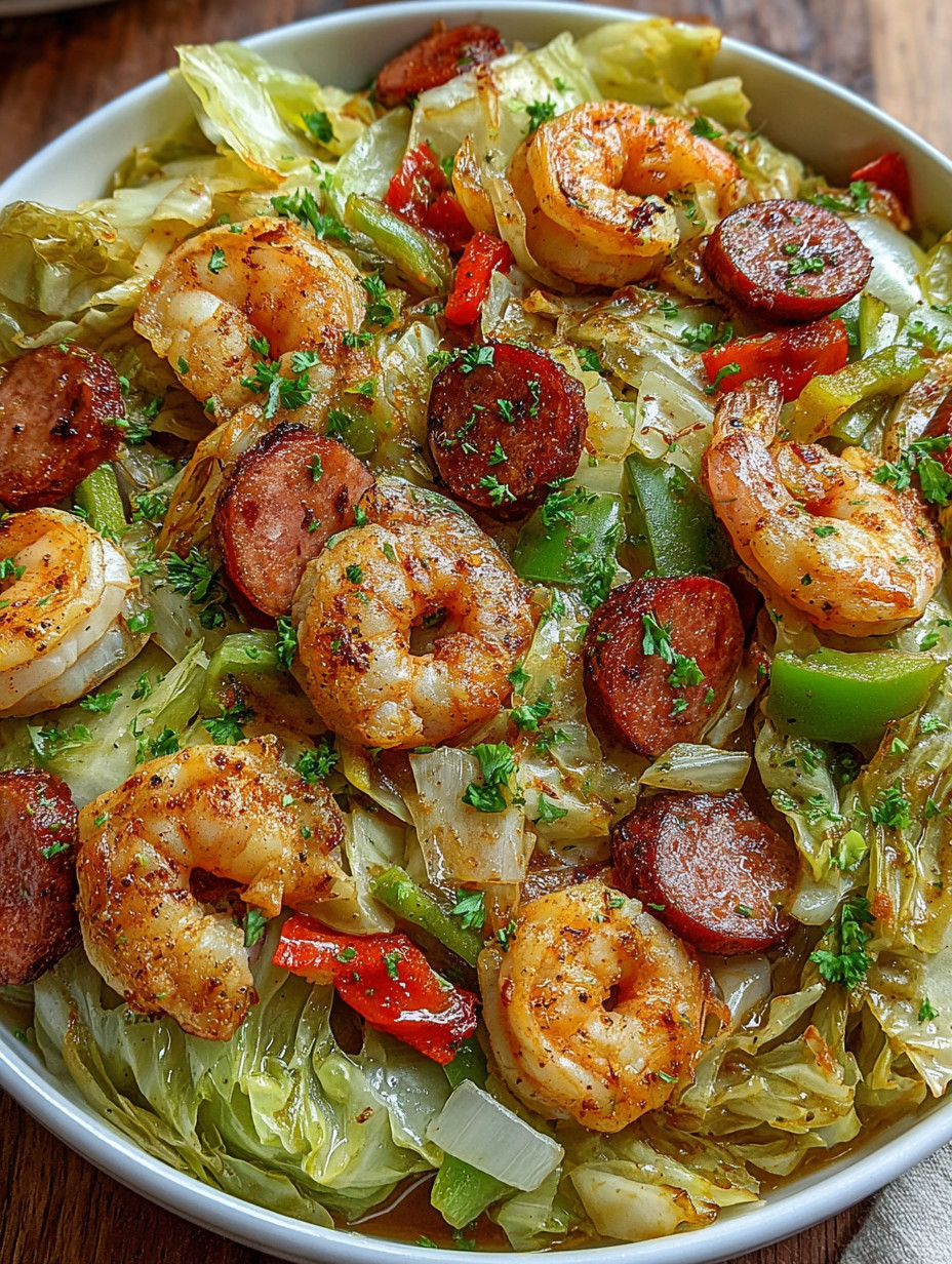 A bowl of shrimp and sausage with a side of cabbage.