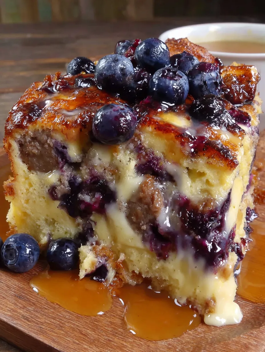 A slice of blueberry sausage pancake breakfast bake.