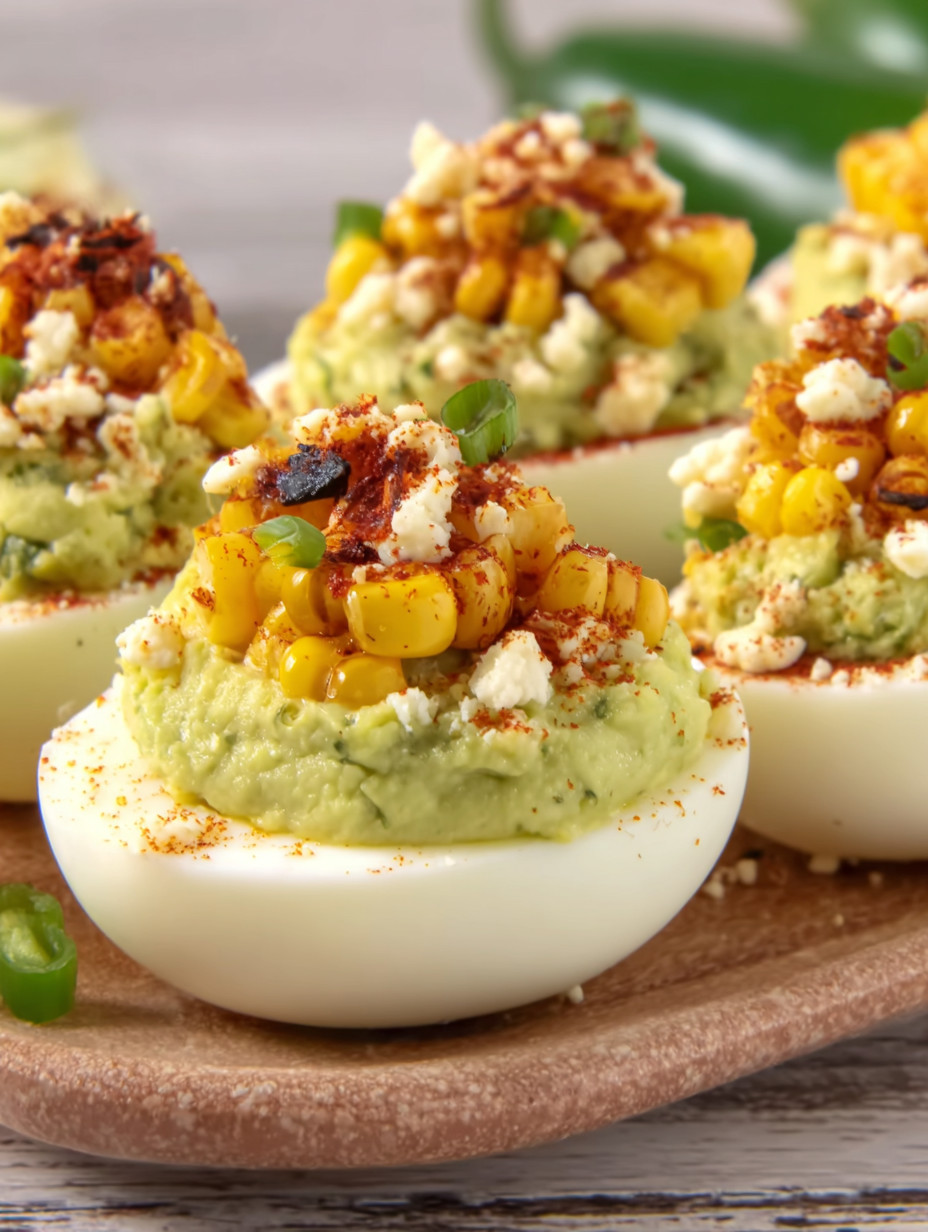Deviled eggs with a Mexican street corn inspired topping.