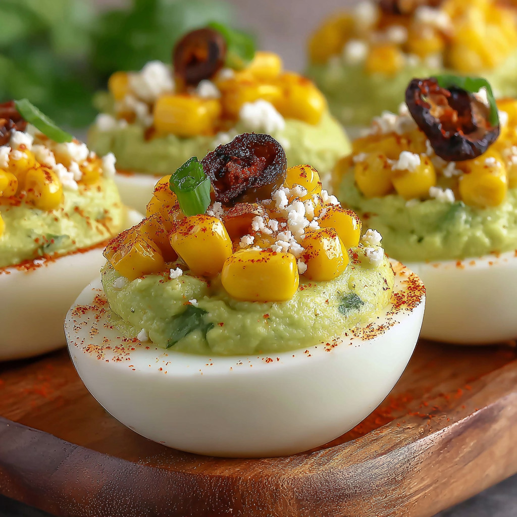 A plate of Mexican street corn inspired deviled eggs.