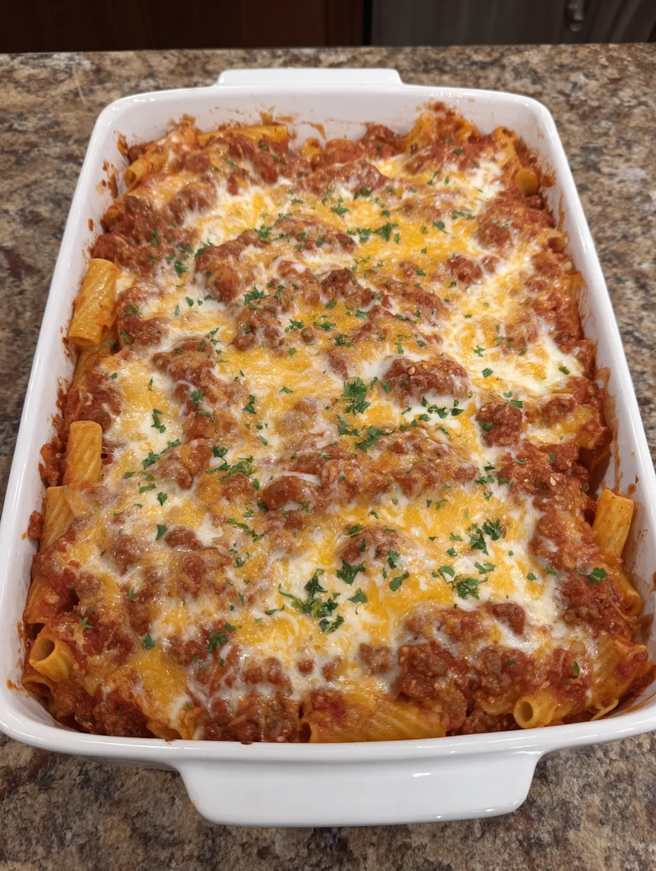 A cheesy baked rigatoni dish in a white bowl.