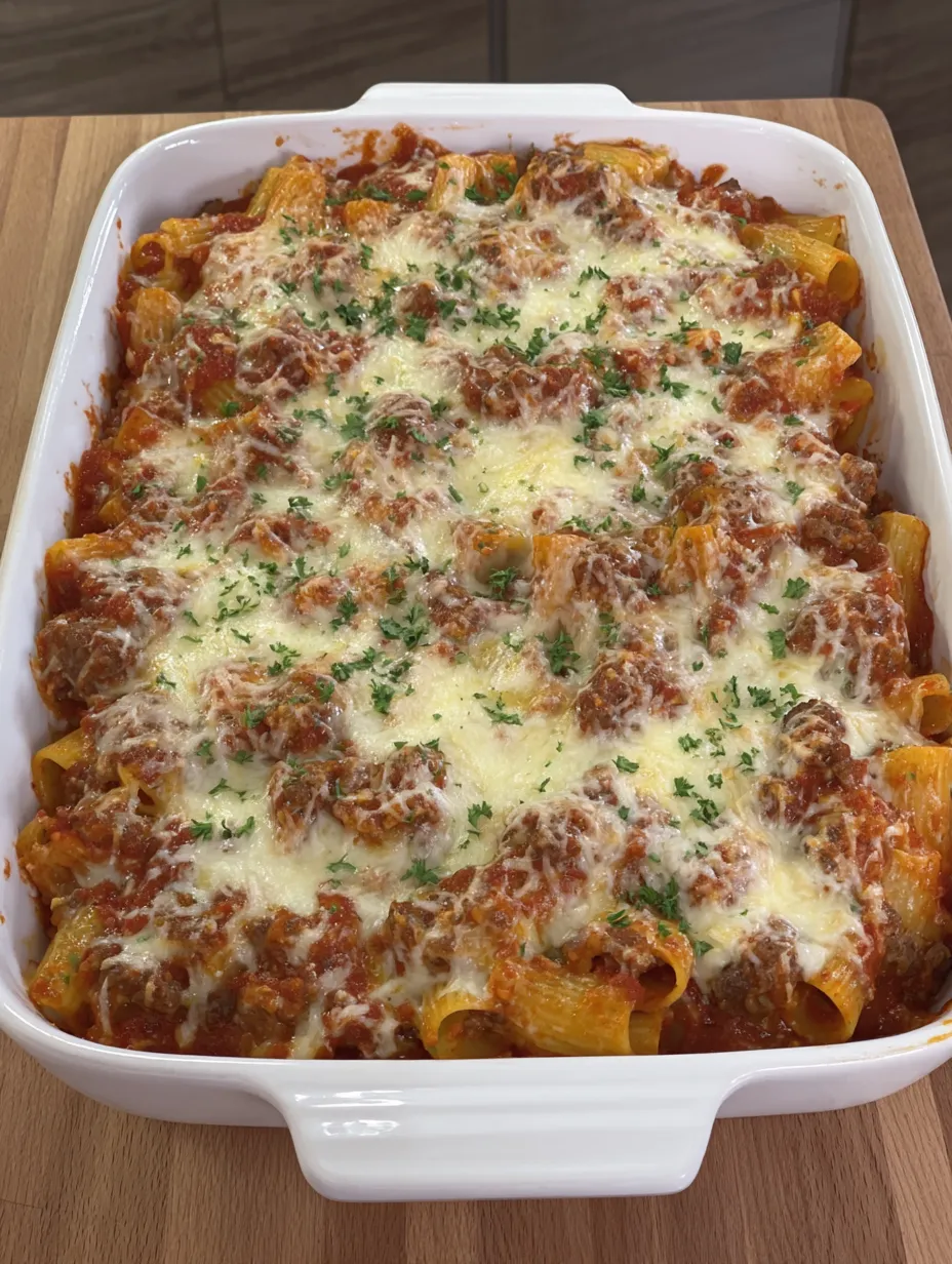A close up of a cheesy baked rigatoni.