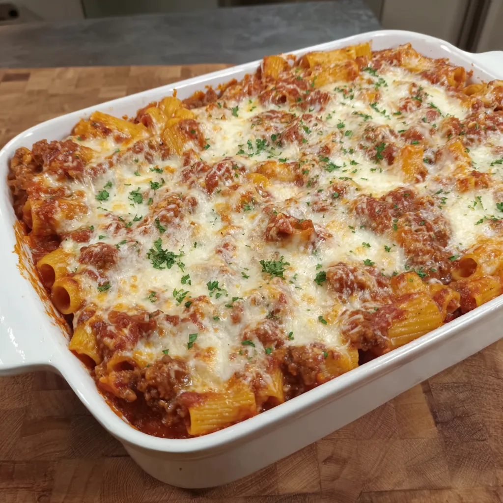 A cheesy baked rigatoni dish.