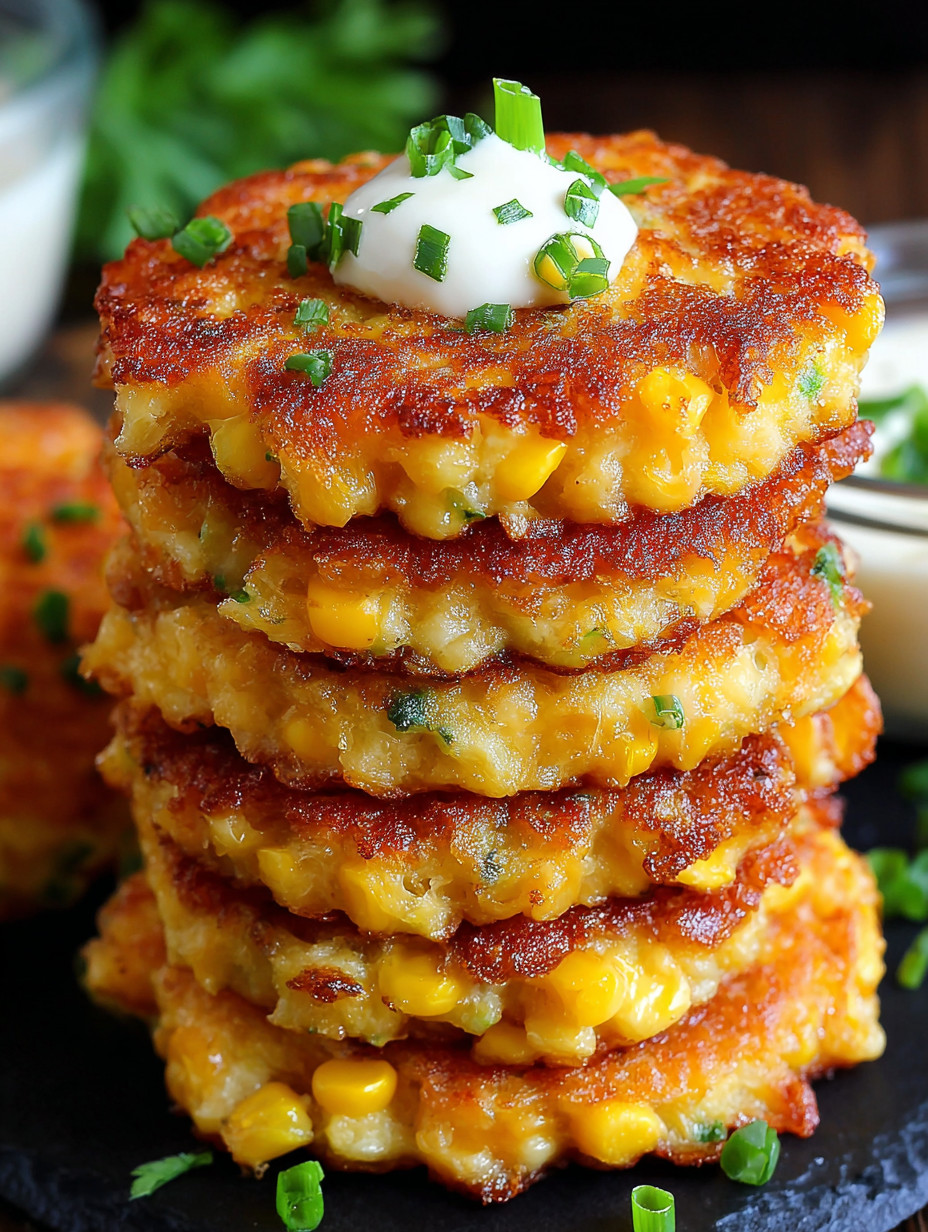 A stack of corn cakes with a dollop of sour cream on top.