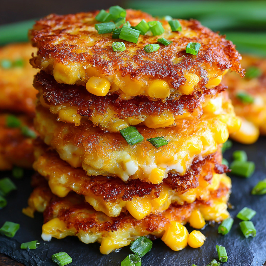 A stack of three corn cakes with cheese on top.