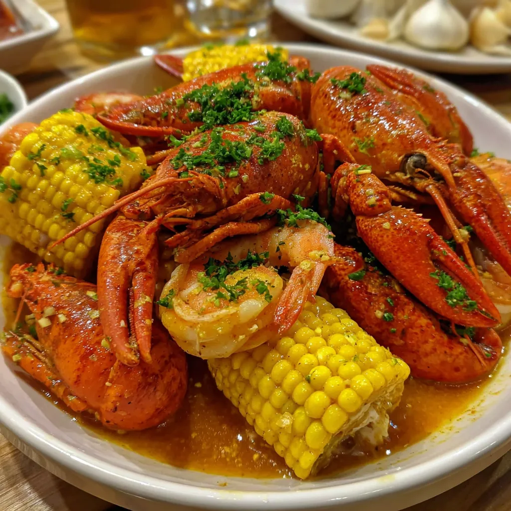 A bowl of seafood boil with corn and shrimp.