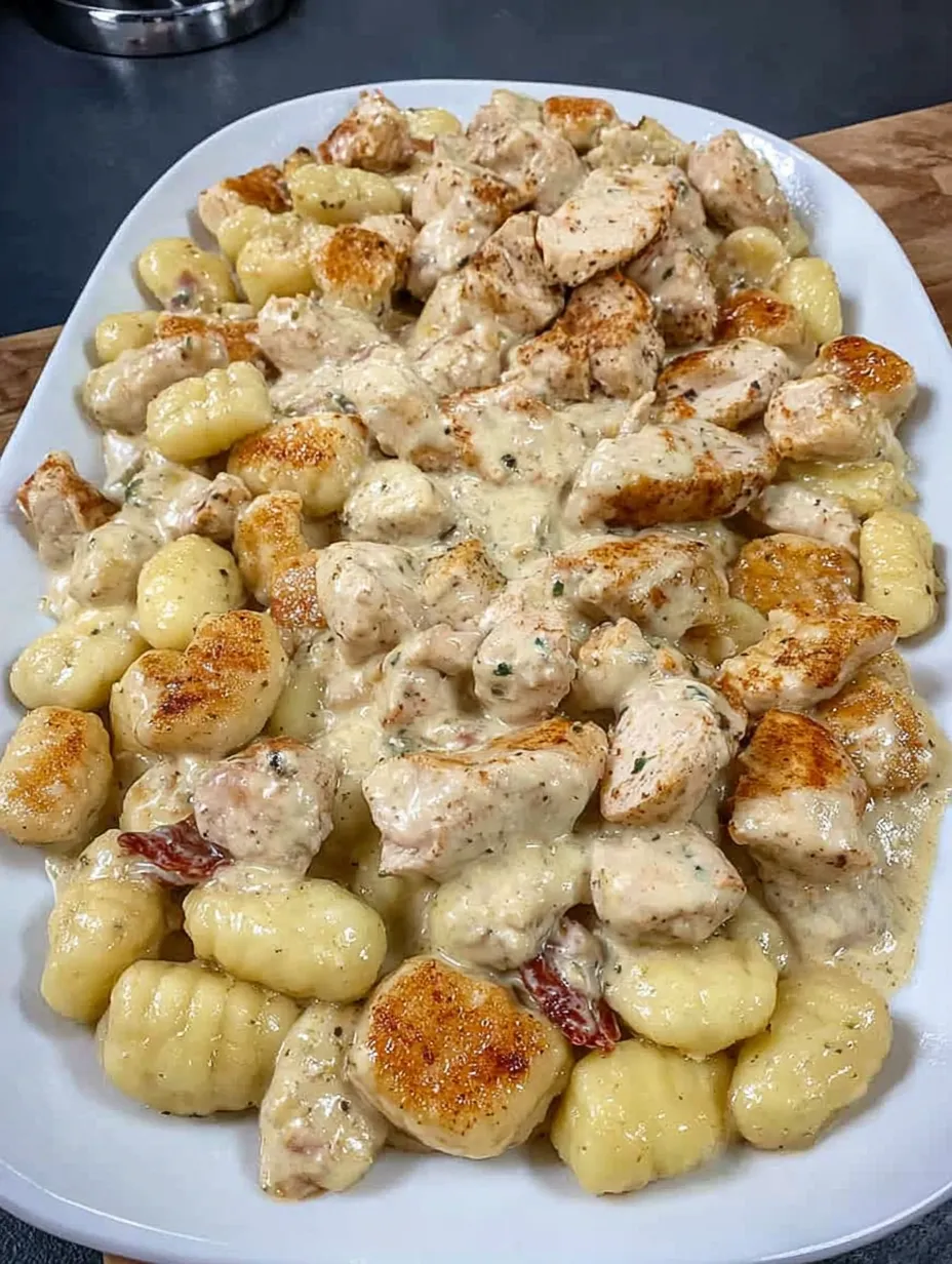 A plate of creamy chicken and gnocchi.