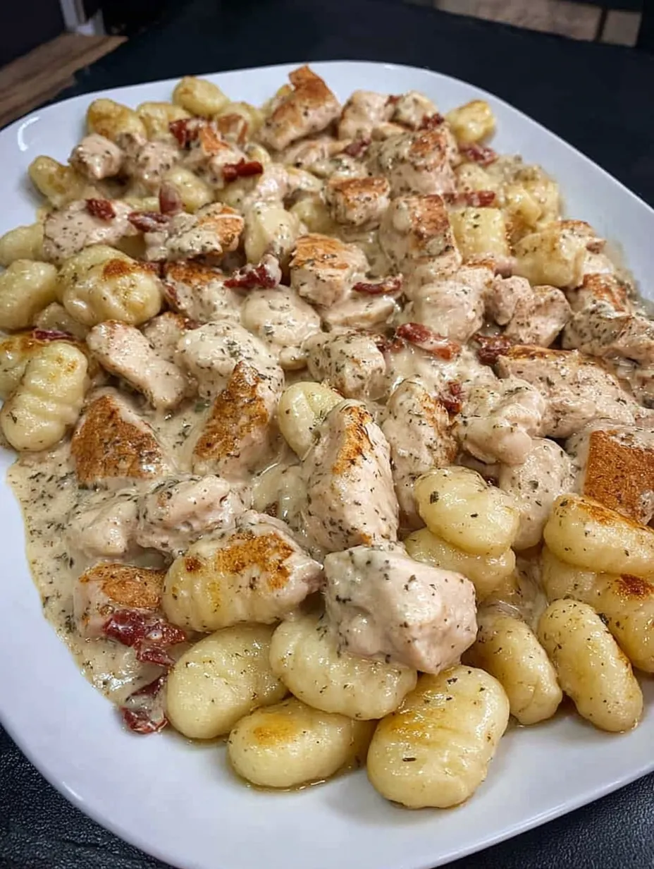 A plate of creamy chicken and gnocchi.