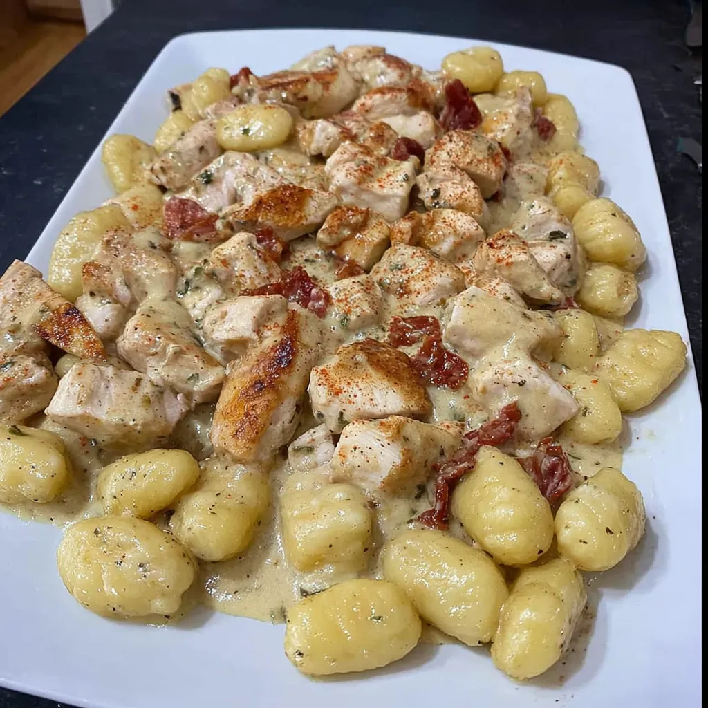 A plate of creamy chicken and gnocchi.