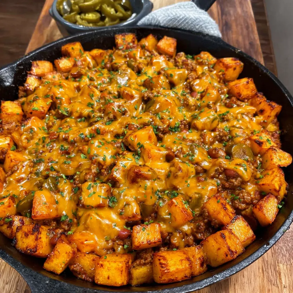 A skillet filled with chili cheese potatoes.