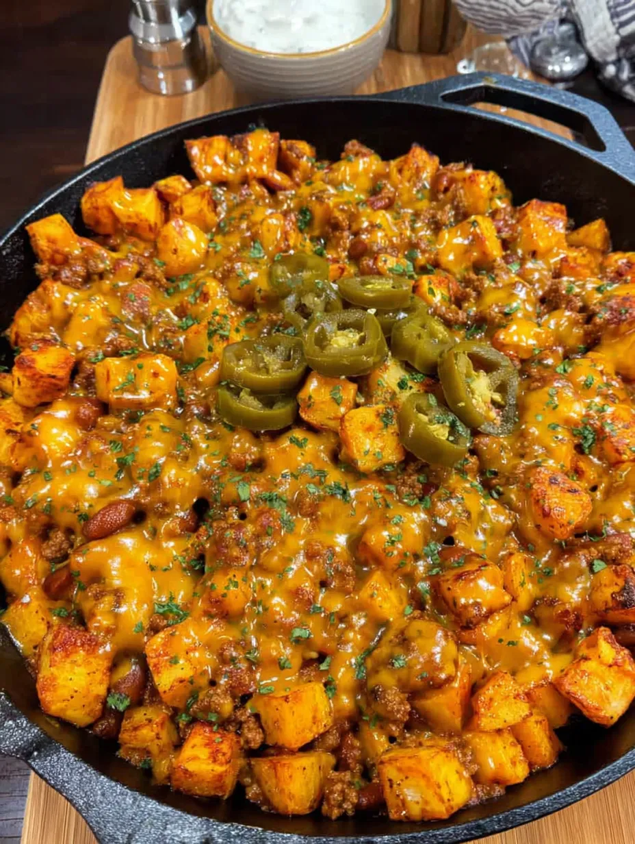 A skillet filled with chili cheese potatoes.