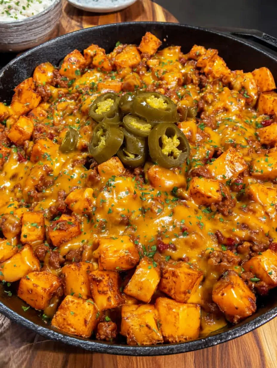 A skillet filled with chili cheese potatoes.