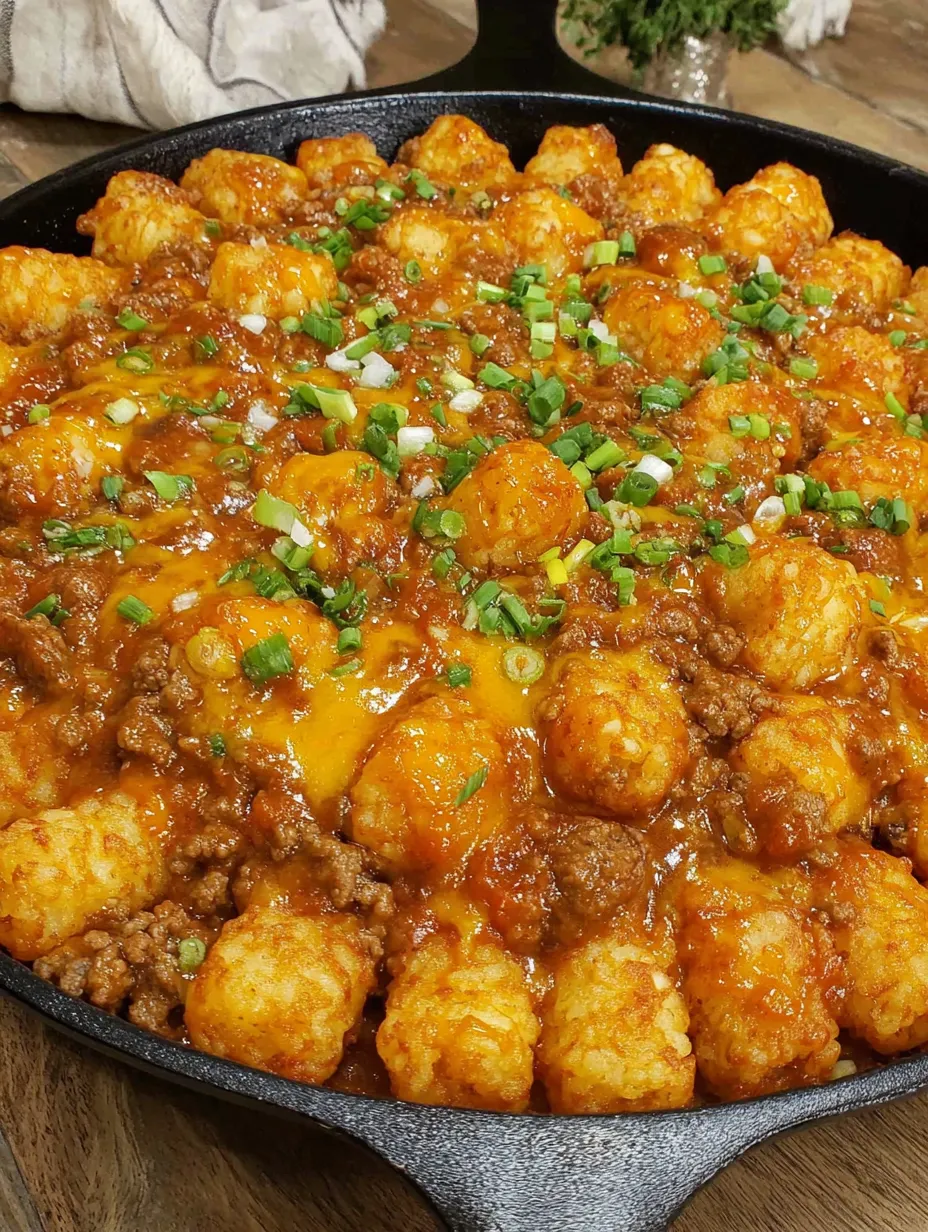A dish of chili cheese dog tater tot casserole.
