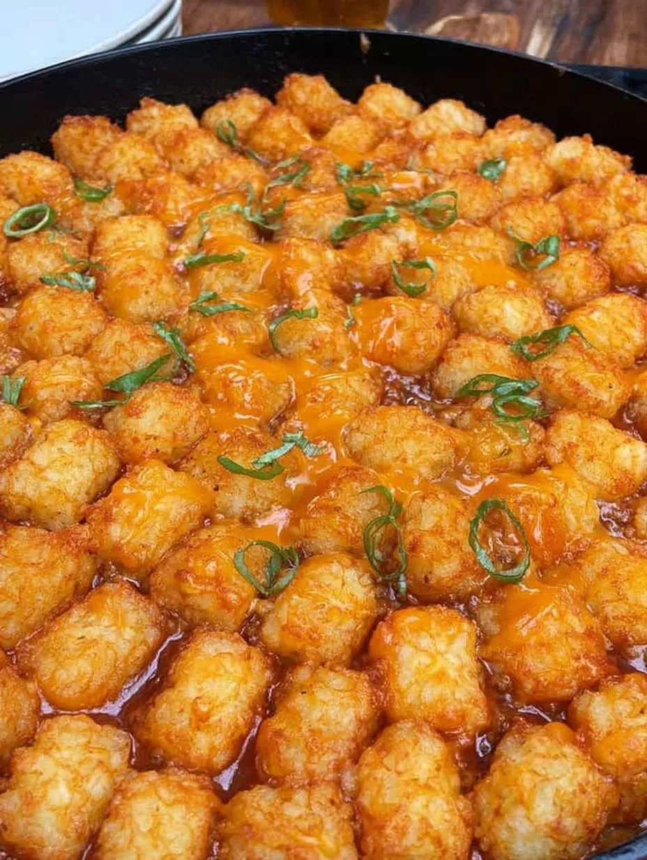 A dish of chili cheese dog tater tot casserole.