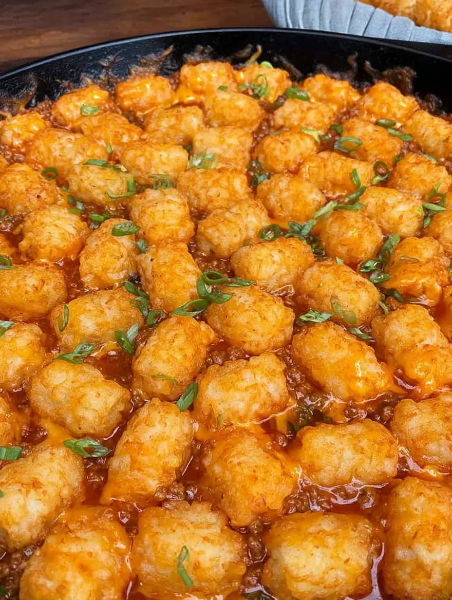 A close up of a chili cheese dog tater tot casserole.