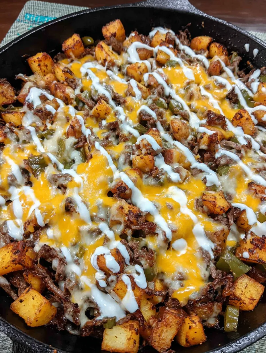 A cheesesteak potato skillet with a white sauce.