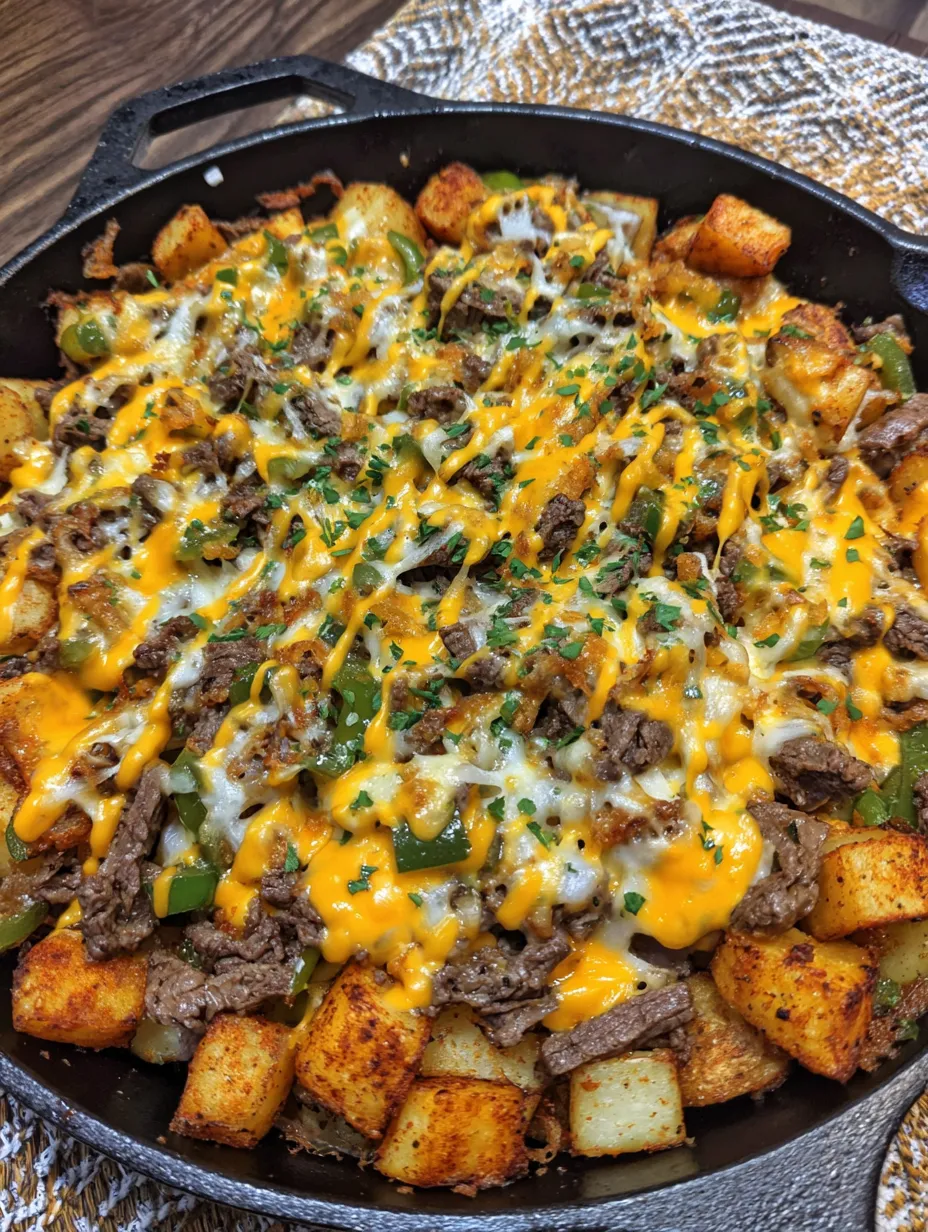 A delicious cheesesteak potato skillet.