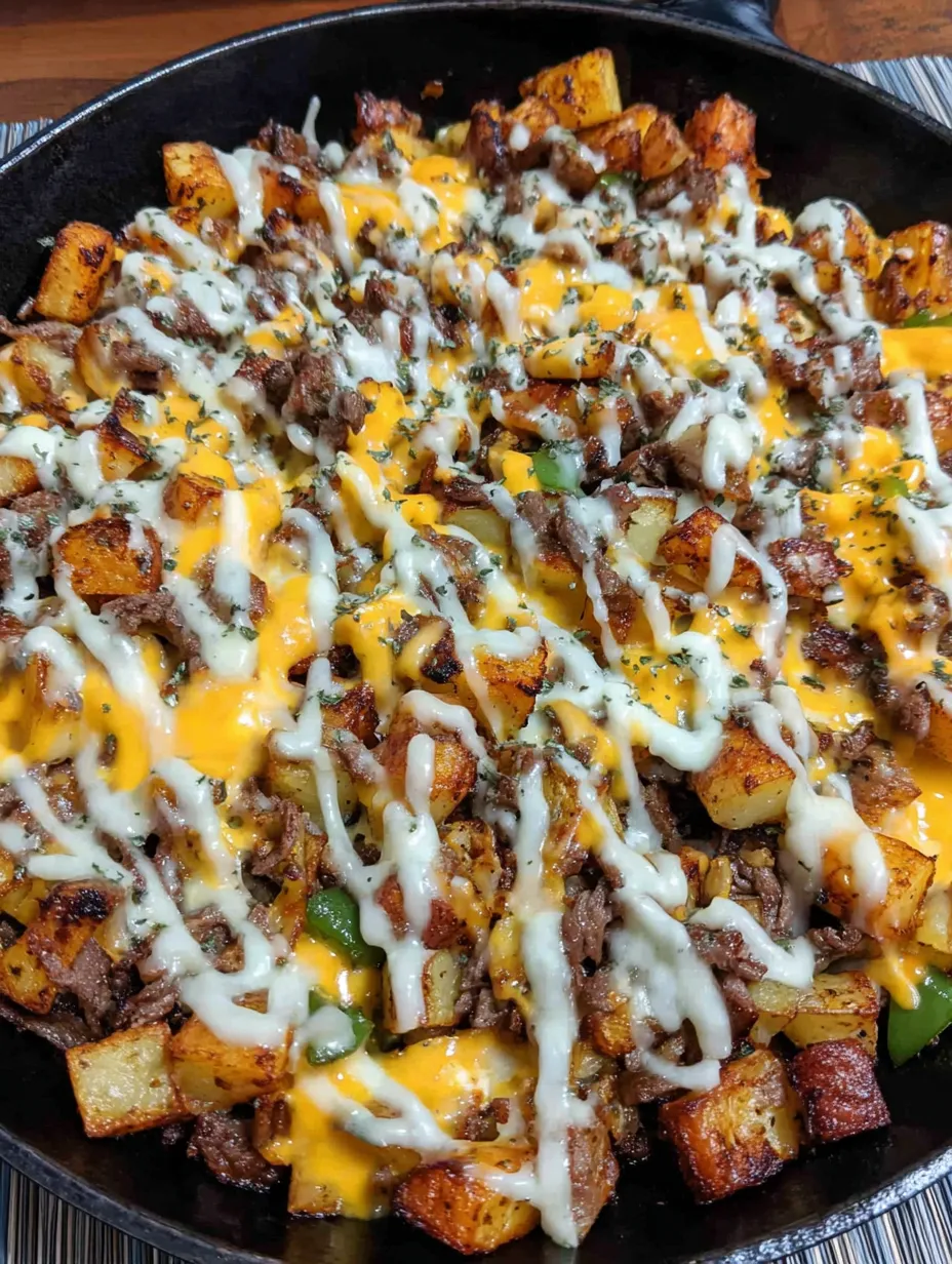 A close up of a cheesesteak potato skillet.