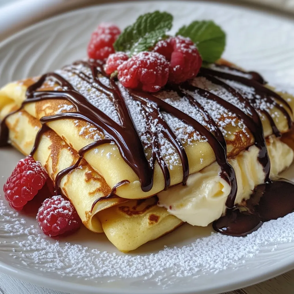 A plate of food with chocolate drizzled on top.