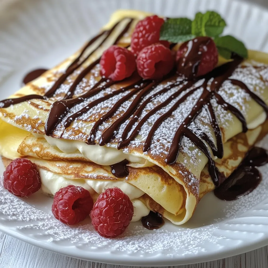 A plate of food with chocolate drizzled on top.
