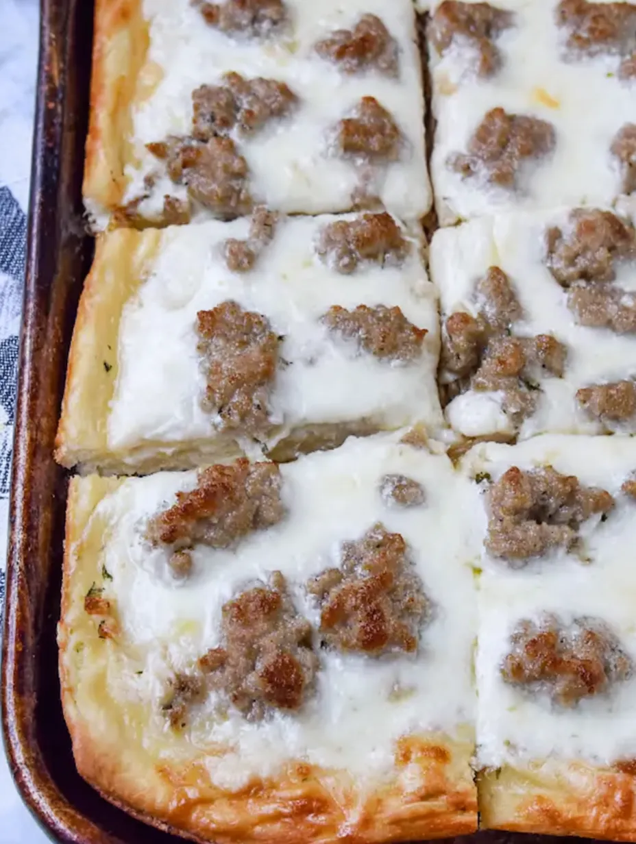 A pan of breakfast pizza with meat and cheese.