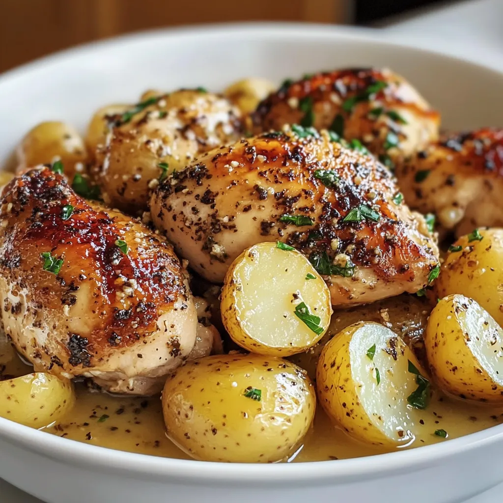 A bowl of chicken and potatoes.