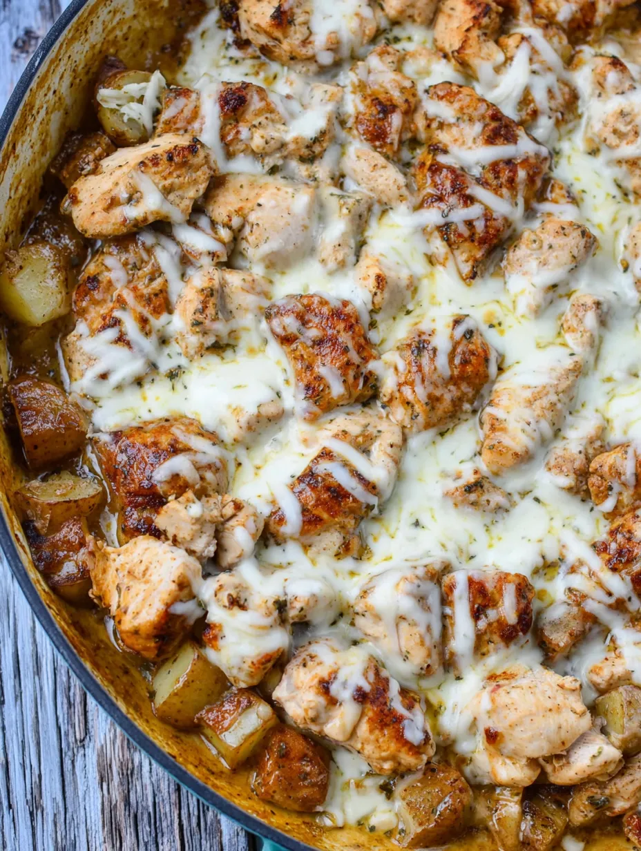 A skillet of chicken and potatoes with cheese and garlic.