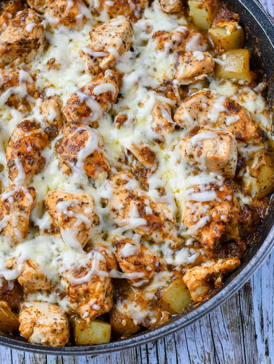 A skillet with chicken and potatoes covered in cheese and parmesan.