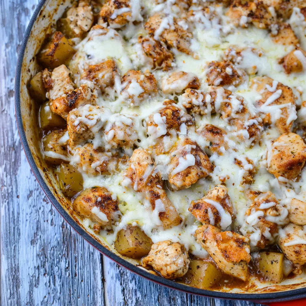 A skillet of chicken and potatoes with cheese and garlic.