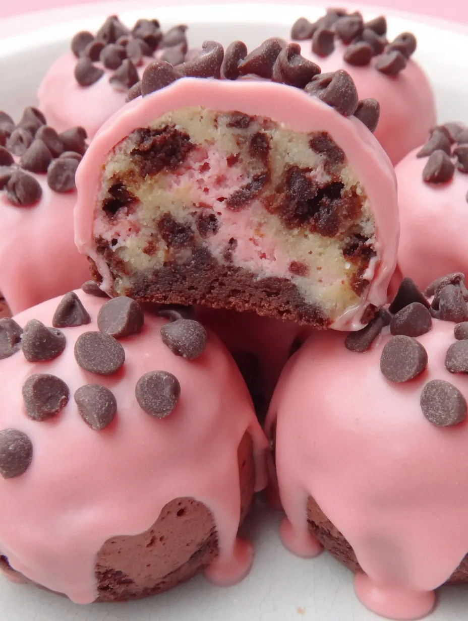 Pink chocolate chip cookie dough brownie bites.
