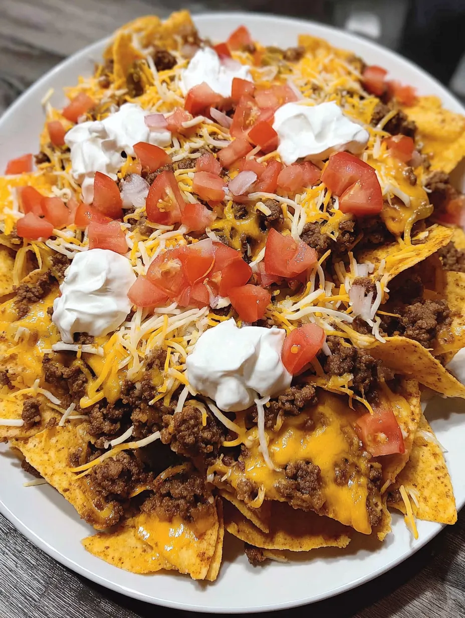 A plate of loaded beef nachos.
