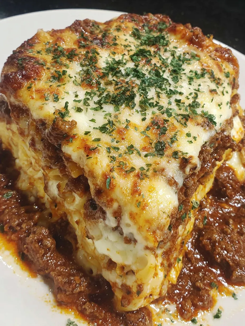 A close up of a cheesy baked ziti.