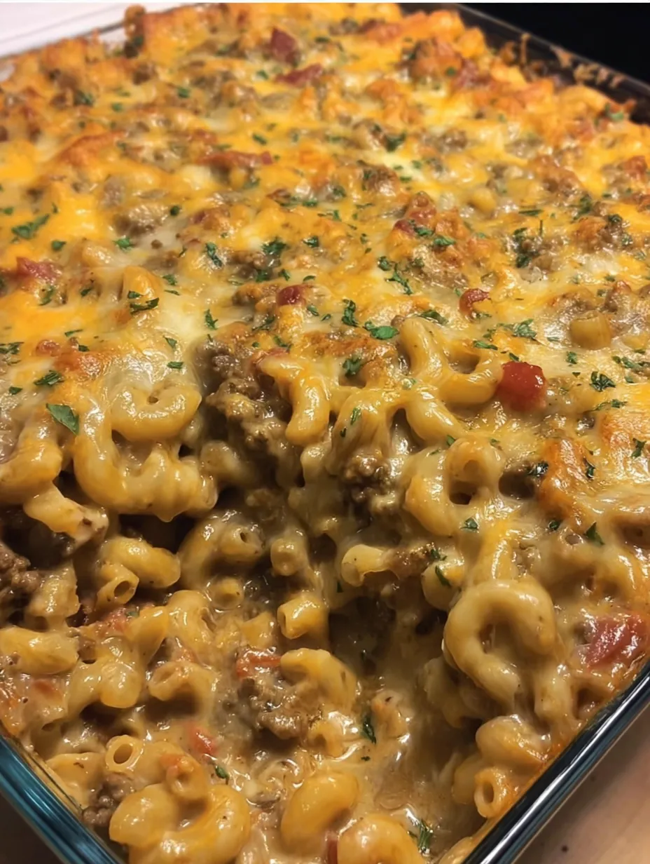 A cheesy beef macaroni bake.