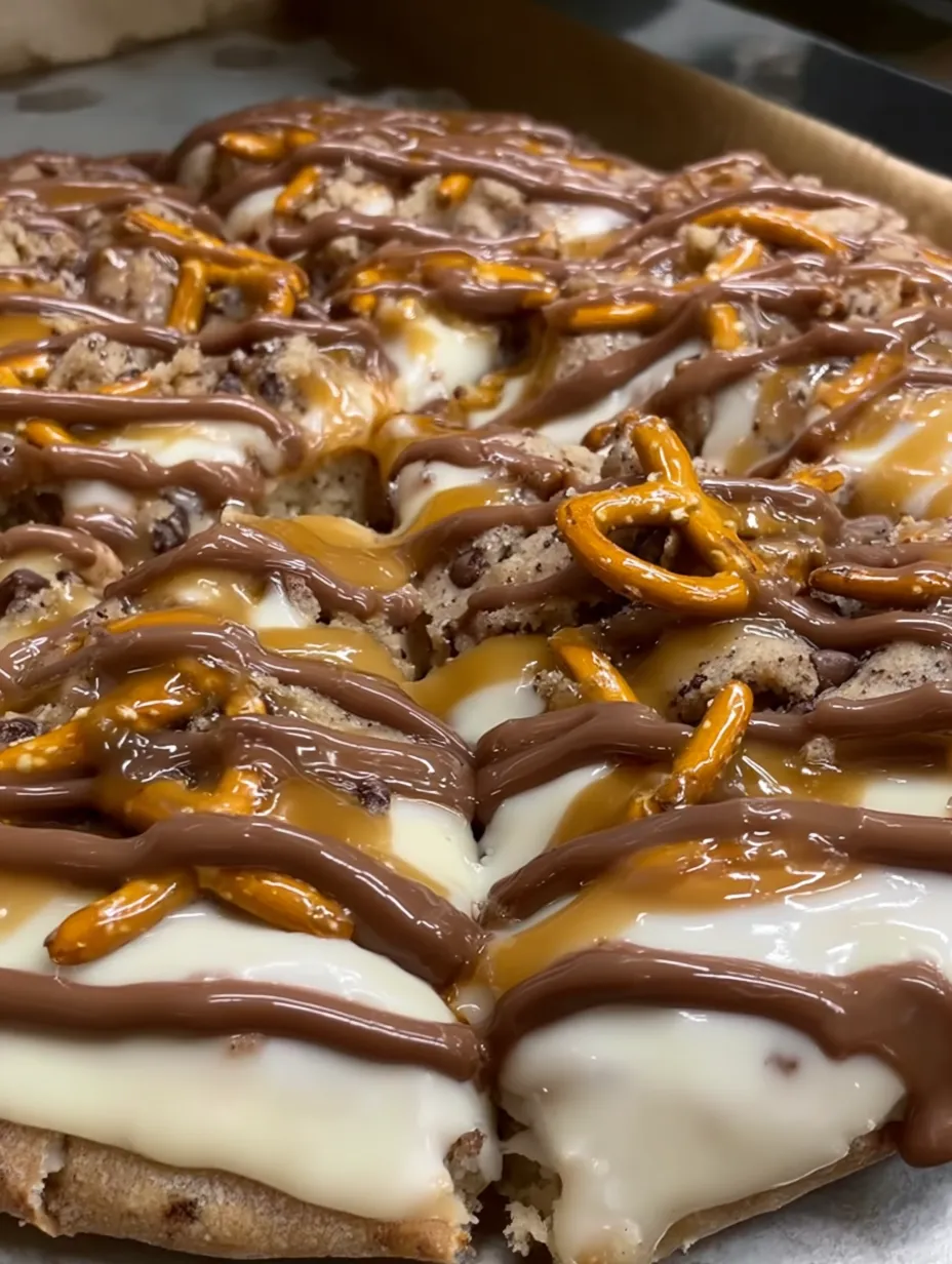 A pizza with a crust topped with cookie dough and salted caramel pretzels.