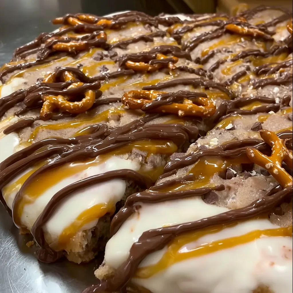 A pizza with chocolate drizzled on top.