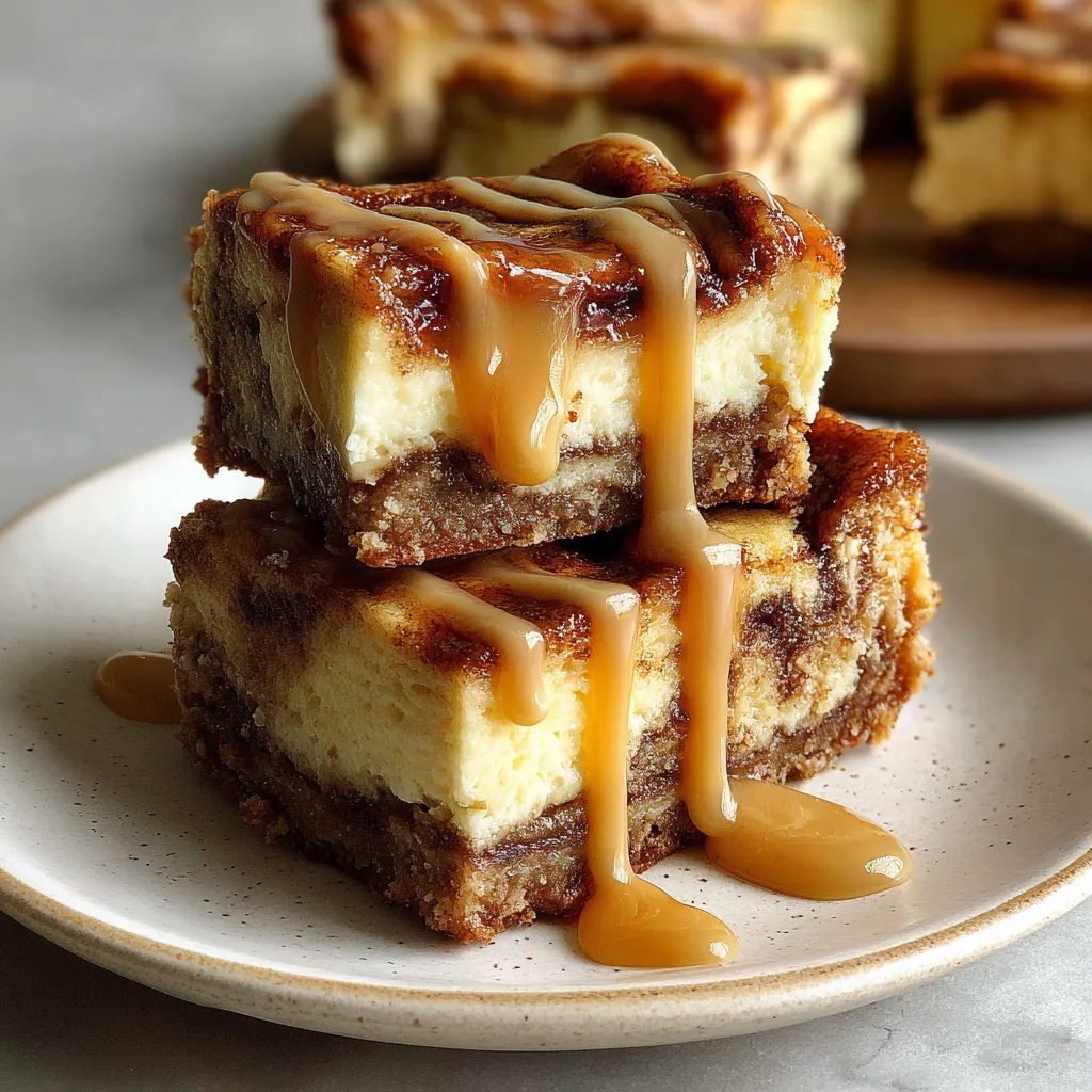 A stack of gooey cinnamon roll cheesecake bars.