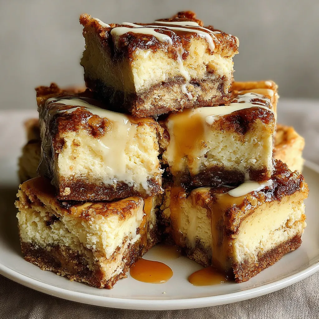 A stack of gooey cinnamon roll cheesecake bars.