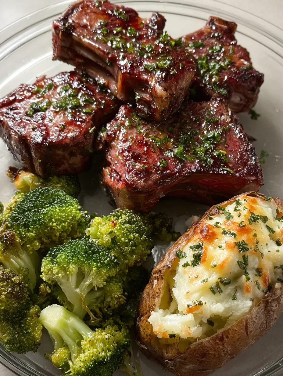 A plate of food with steak, potato, and broccoli.