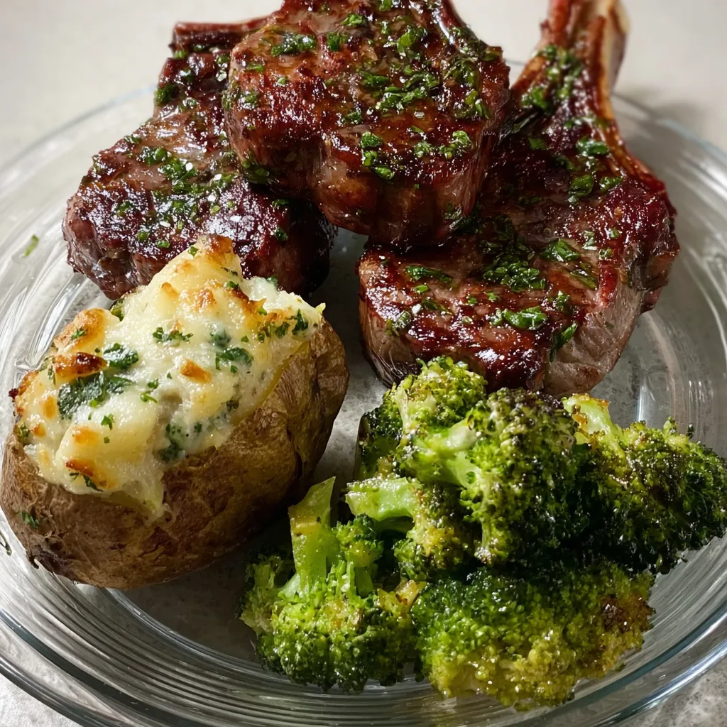A plate of food with garlic herb steak bites, a loaded baked potato, and roasted broccoli.