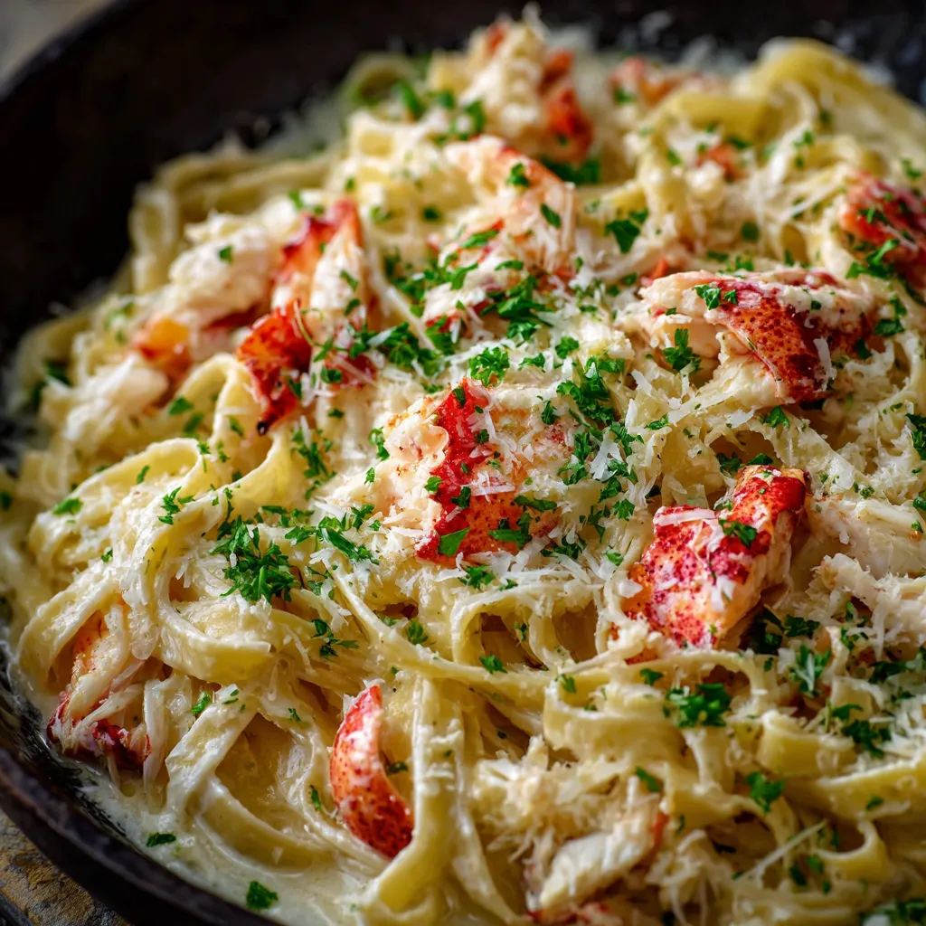 A bowl of crab fettuccine alfredo.