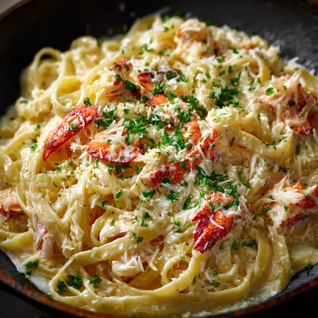 A bowl of crab fettuccine alfredo.