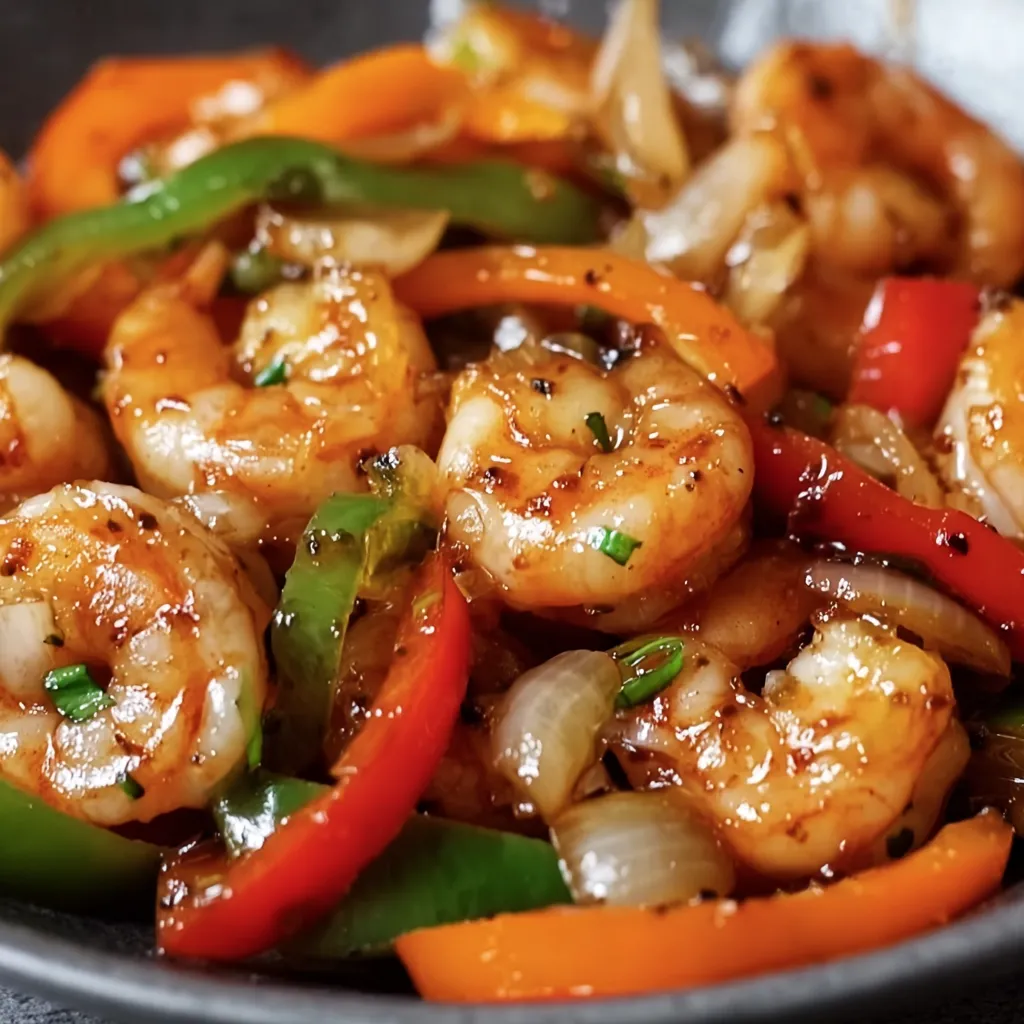 A bowl of shrimp and bell pepper stir-fry.